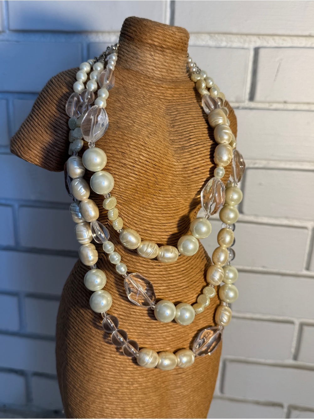 Chico’s Multi-Strand Faux Pearl & Clear Bead Statement Necklace Silver Tone